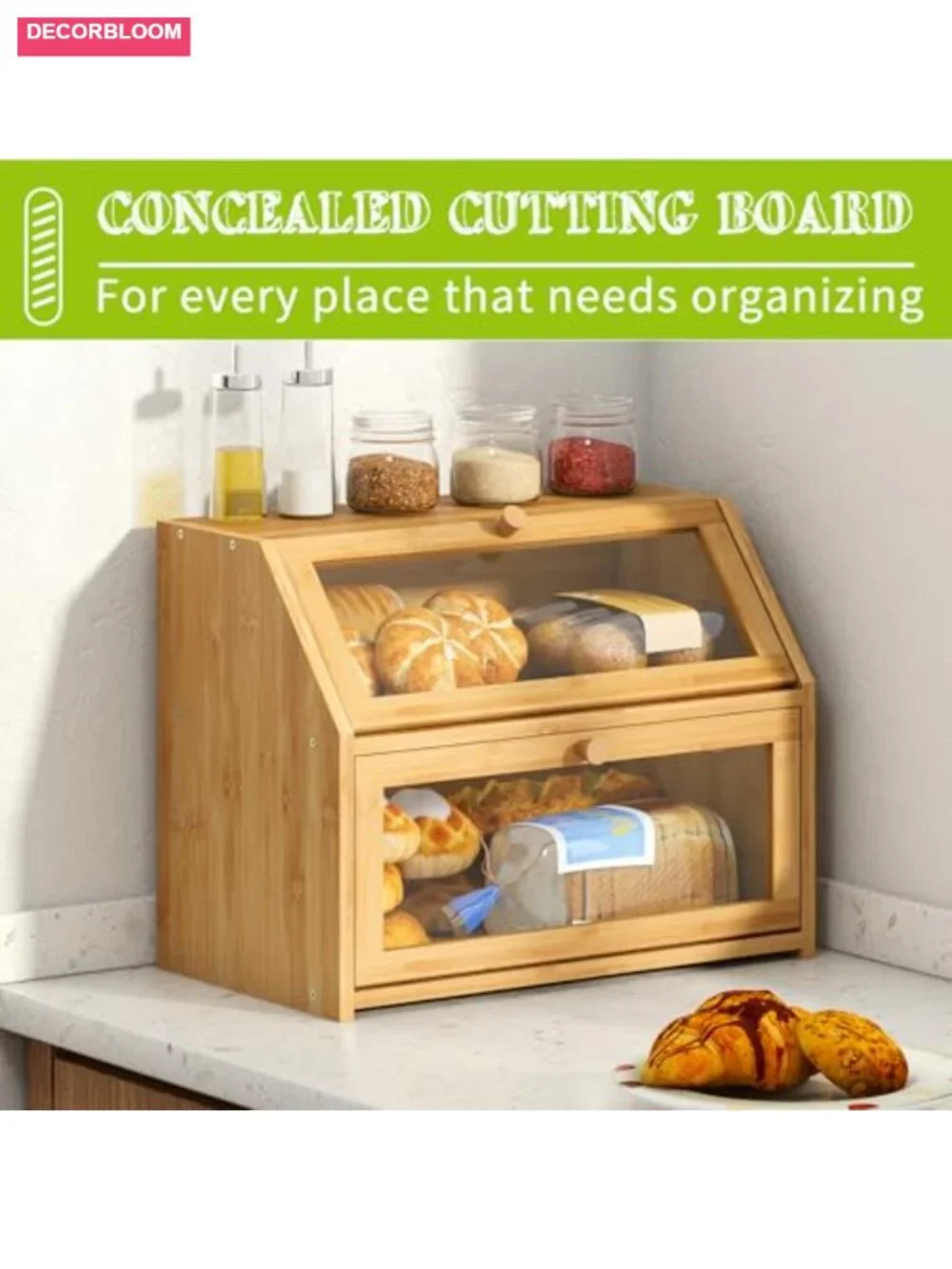 Double Layer Bamboo Wood Bread Box for Kitchen Countertop Storage
